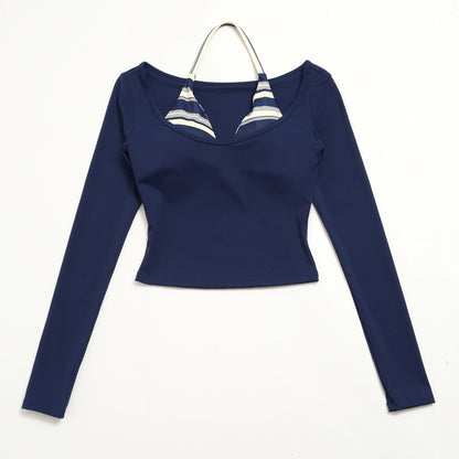 Contrast Trim Halter Long Sleeve Top