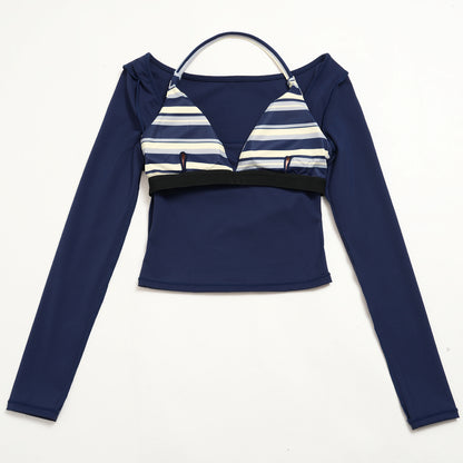 Contrast Trim Halter Long Sleeve Top