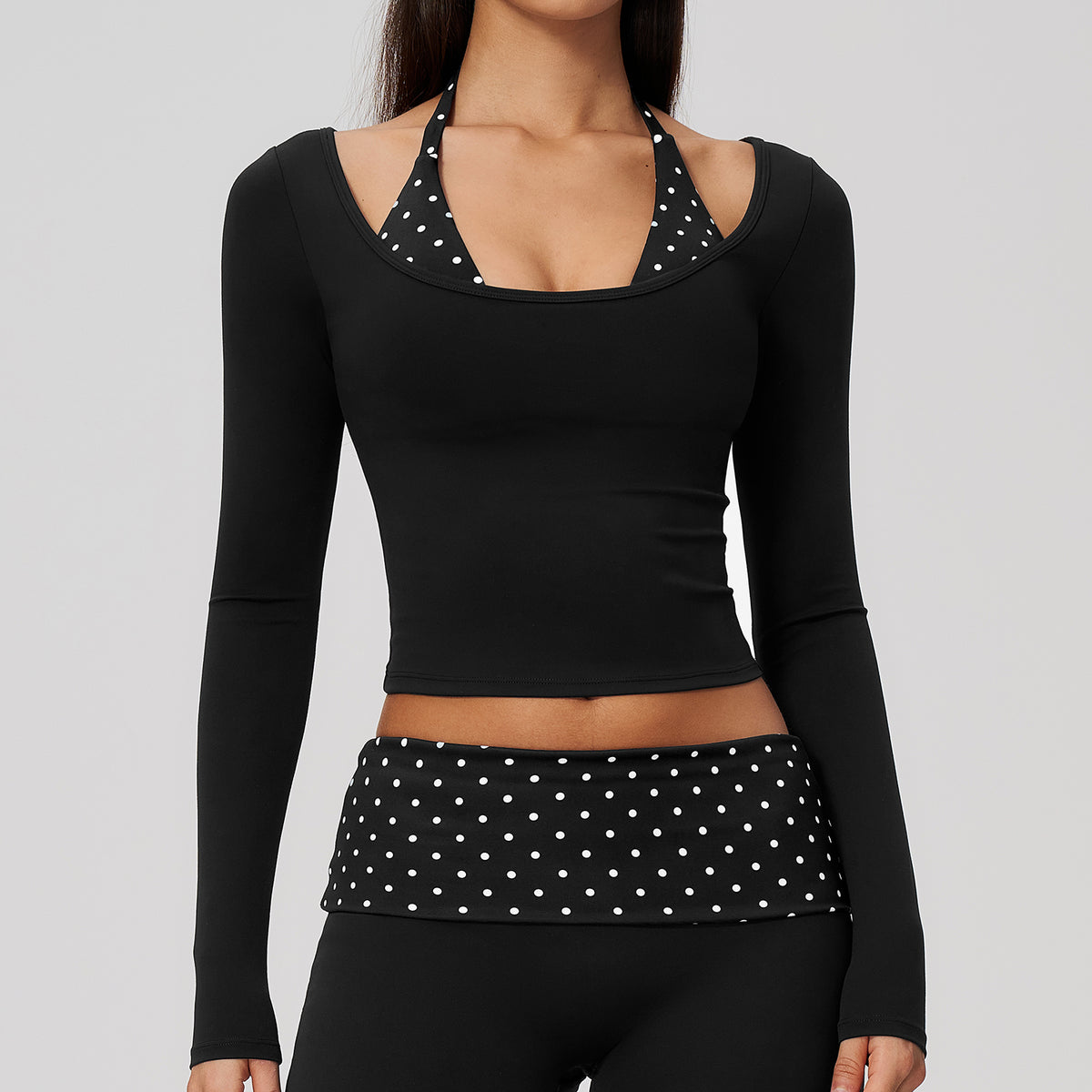 Contrast Trim Halter Long Sleeve Top