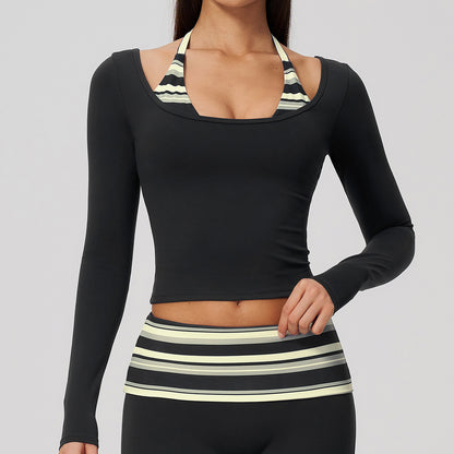 Contrast Trim Halter Long Sleeve Top