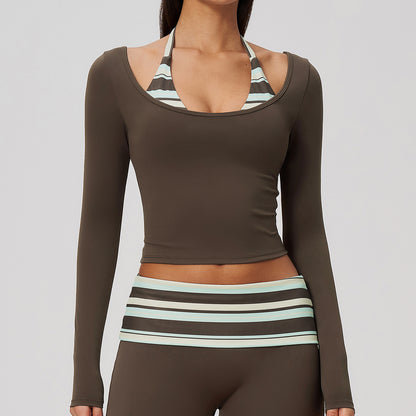 Contrast Trim Halter Long Sleeve Top