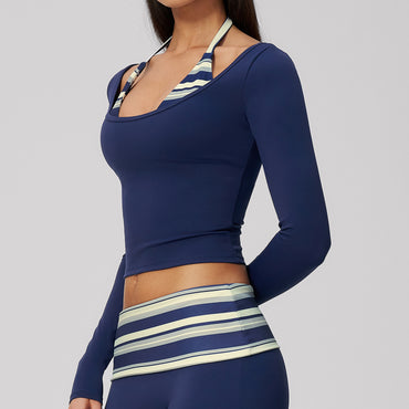 Contrast Trim Halter Long Sleeve Top