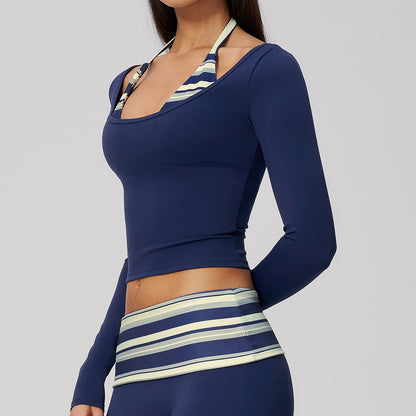 Contrast Trim Halter Long Sleeve Top