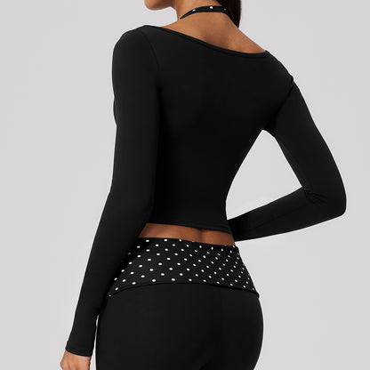 Contrast Trim Halter Long Sleeve Top
