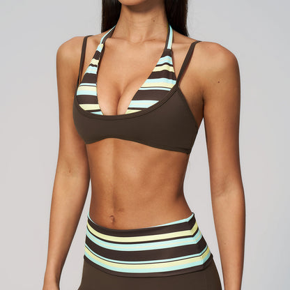 Two-Tone Faux-Layered Halter Sports Bra