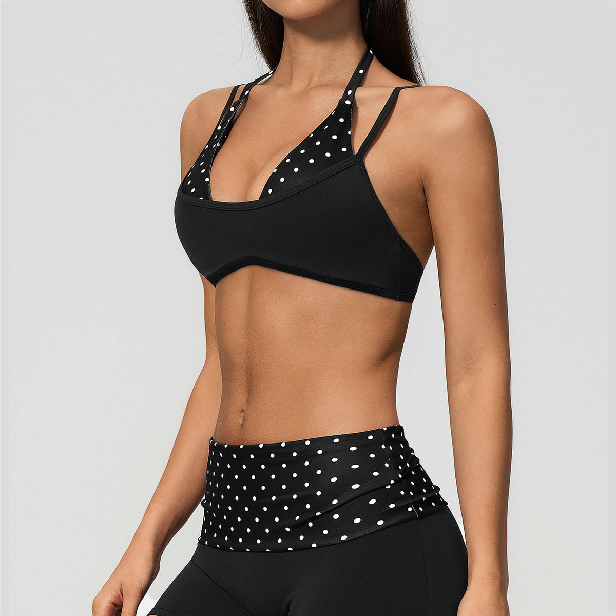 Two-Tone Faux-Layered Halter Sports Bra