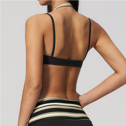 Two-Tone Faux-Layered Halter Sports Bra