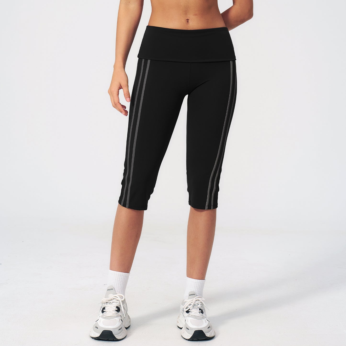 Side Stripe Foldover Waist Capri Leggings