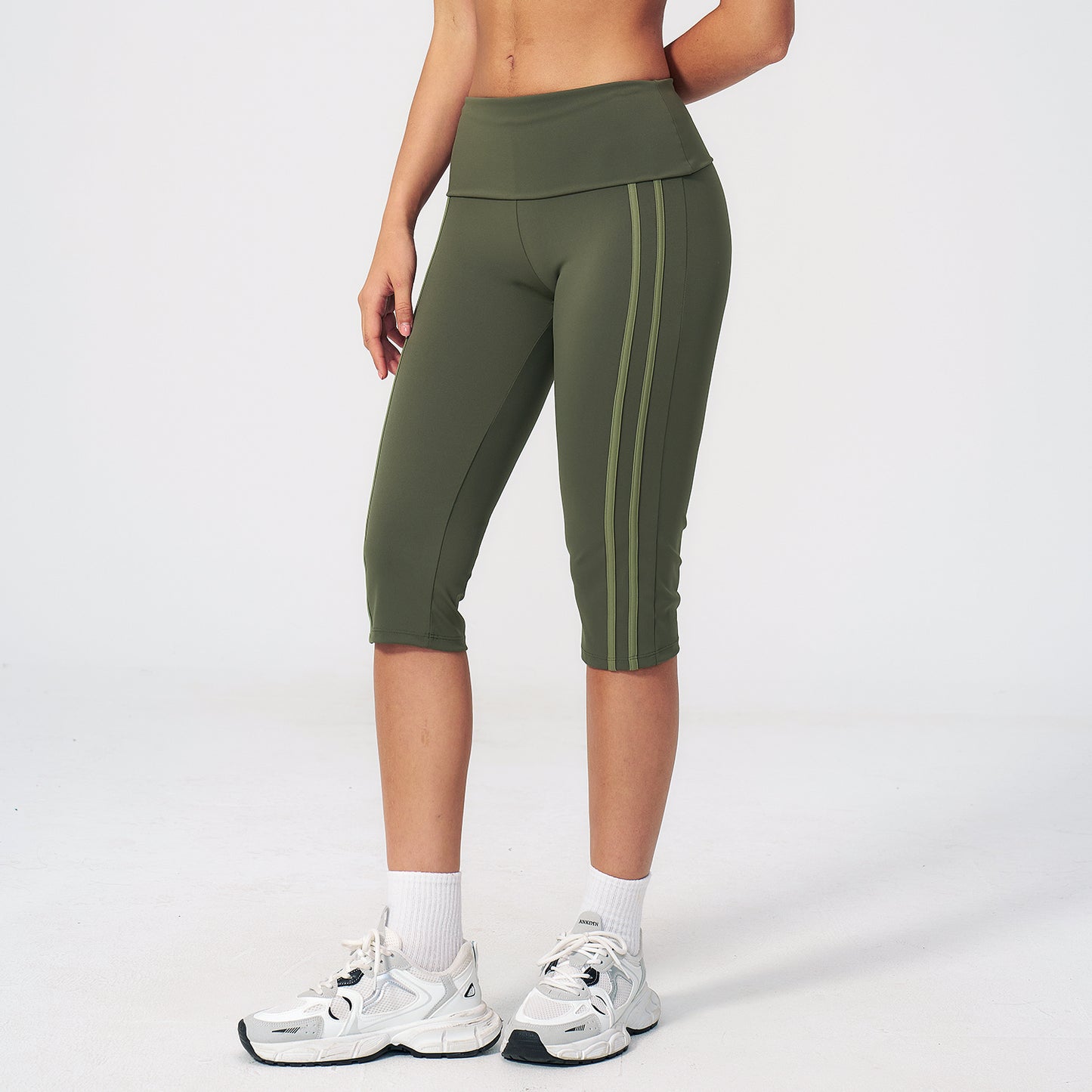 Side Stripe Foldover Waist Capri Leggings