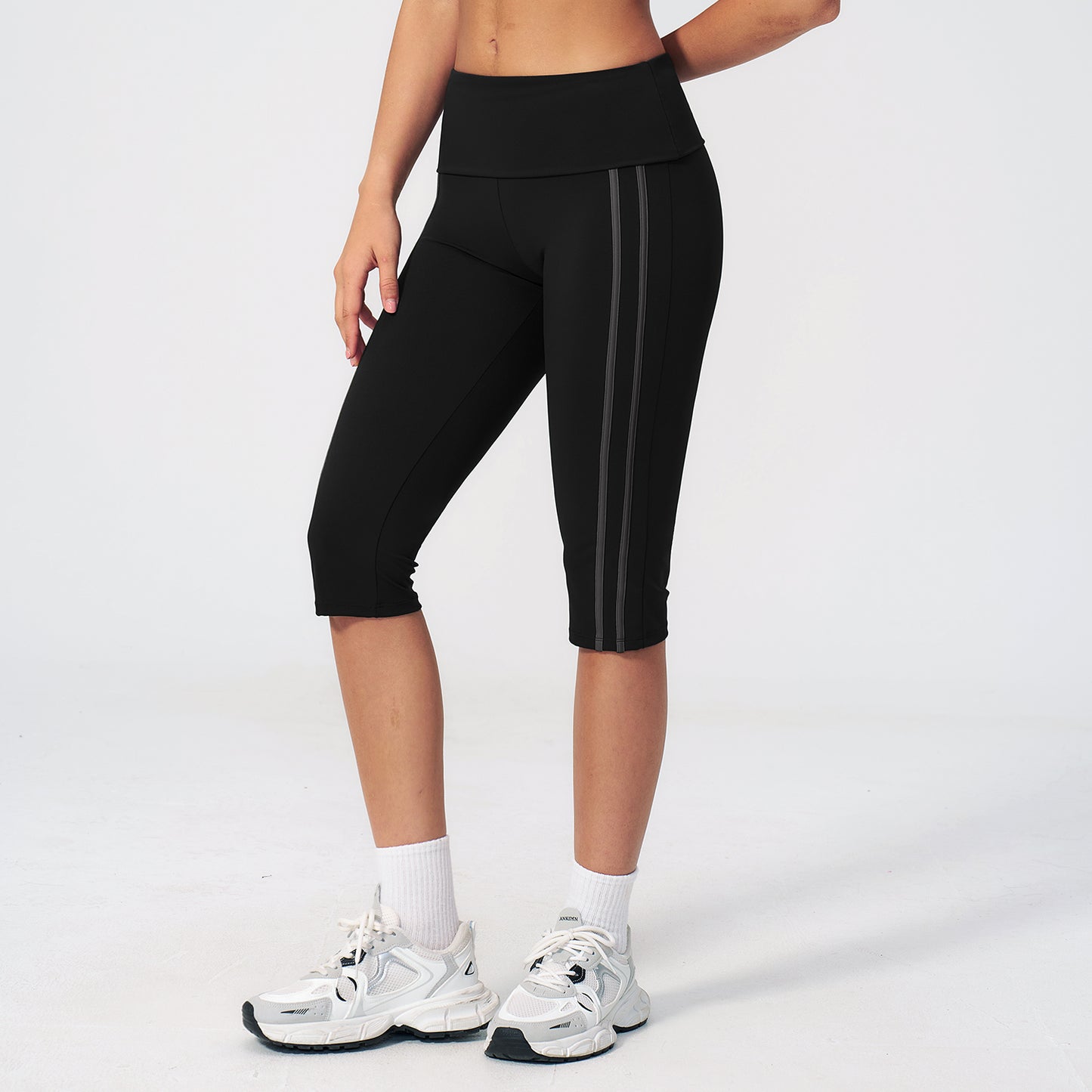 Side Stripe Foldover Waist Capri Leggings