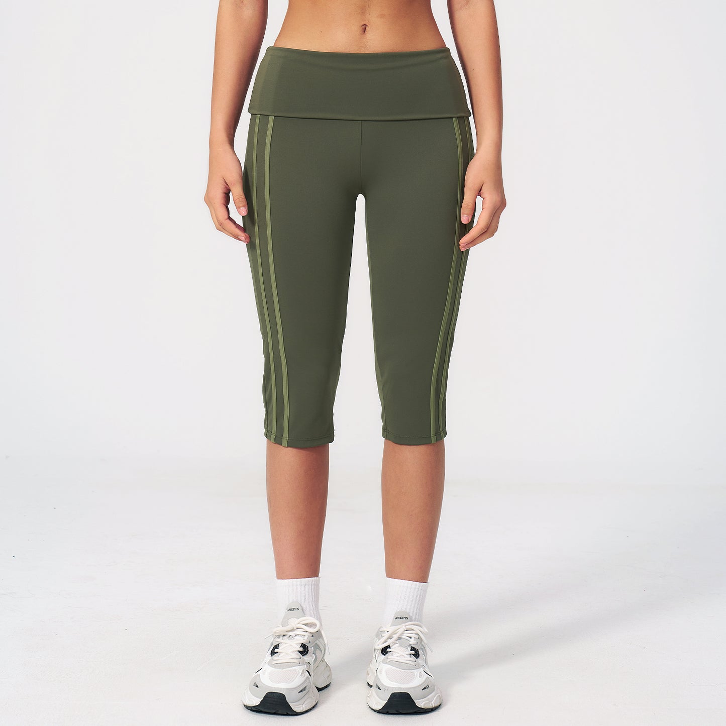 Side Stripe Foldover Waist Capri Leggings
