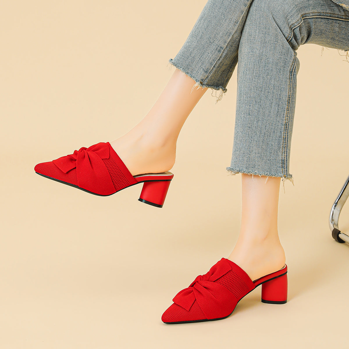 5cmヒール 後ろ開き ポインテッドトゥ ニットミュール