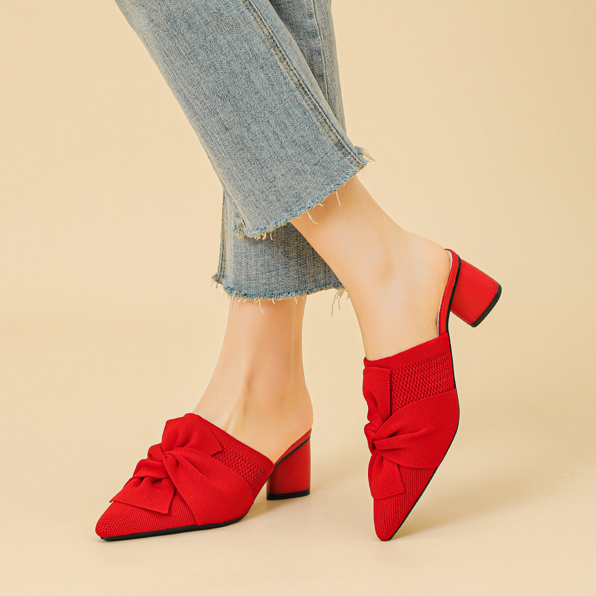 5cmヒール 後ろ開き ポインテッドトゥ ニットミュール