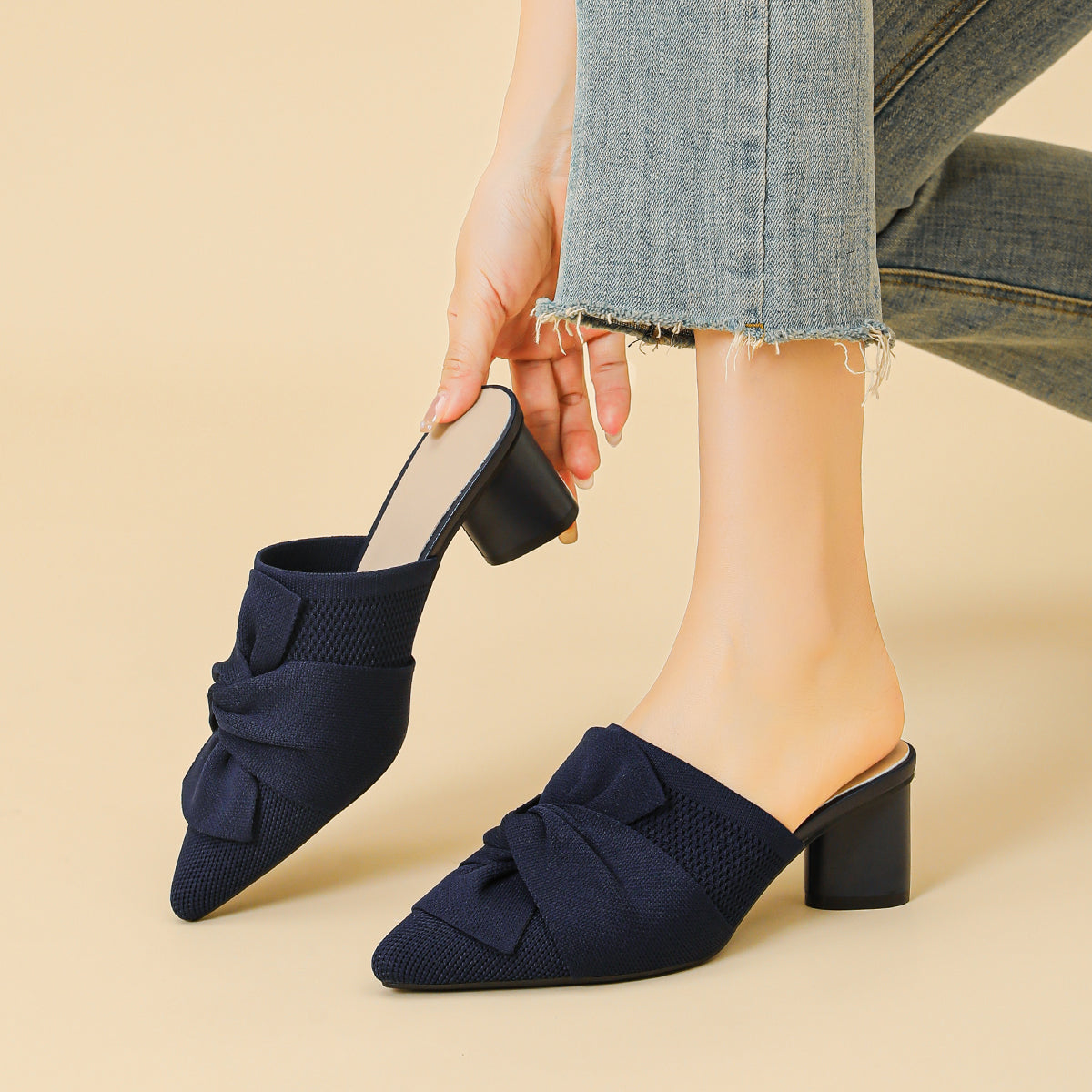 5cmヒール 後ろ開き ポインテッドトゥ ニットミュール