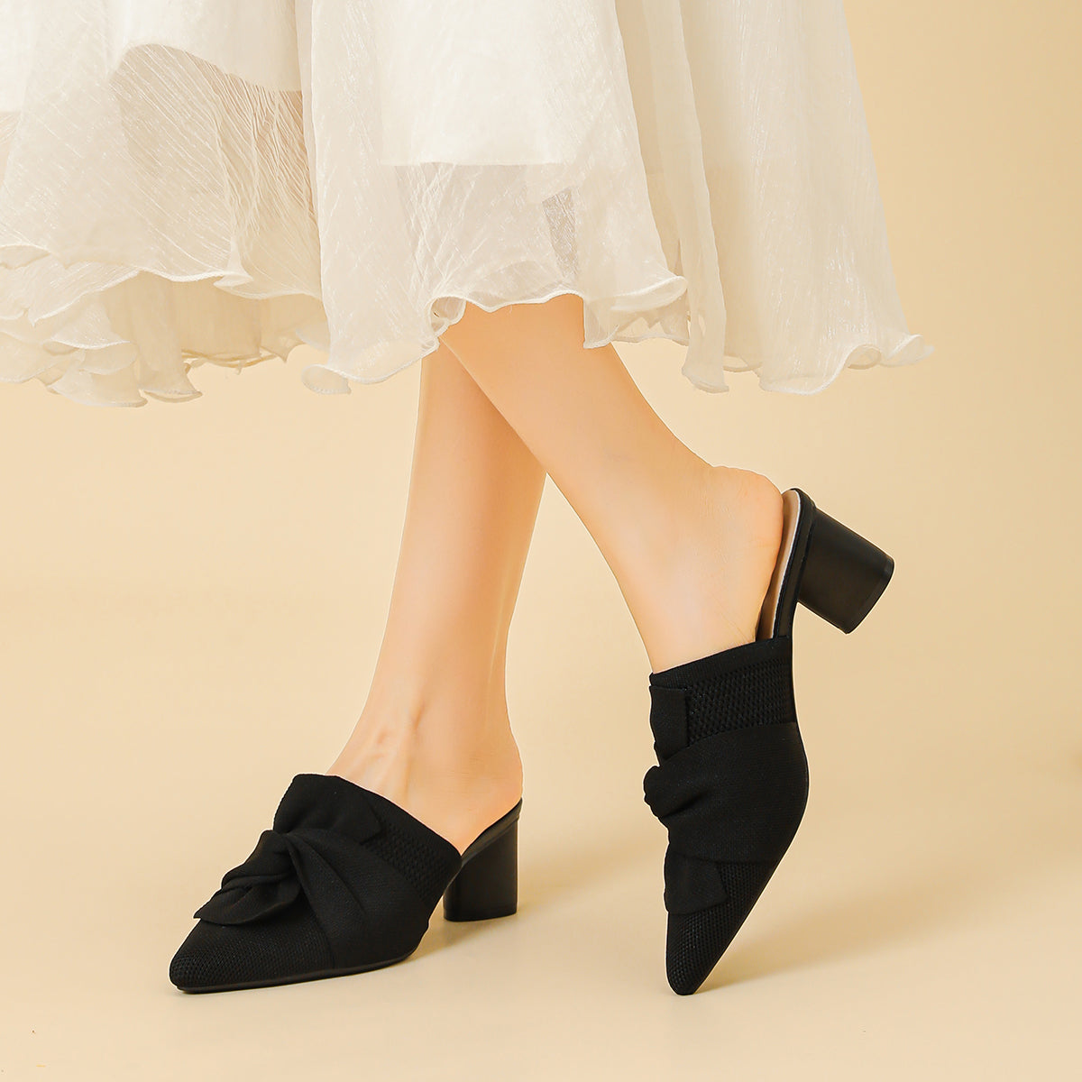 5cmヒール 後ろ開き ポインテッドトゥ ニットミュール