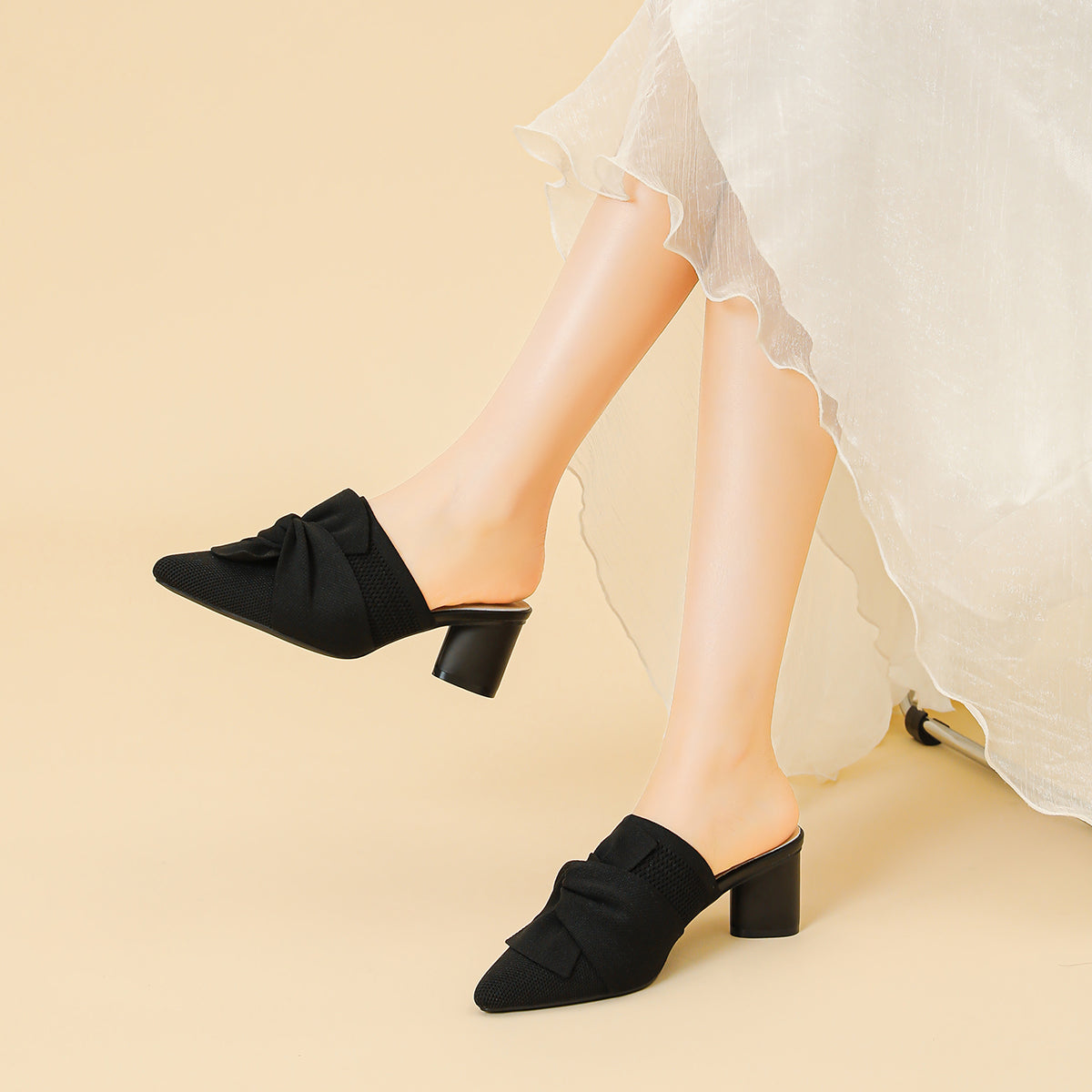 5cmヒール 後ろ開き ポインテッドトゥ ニットミュール