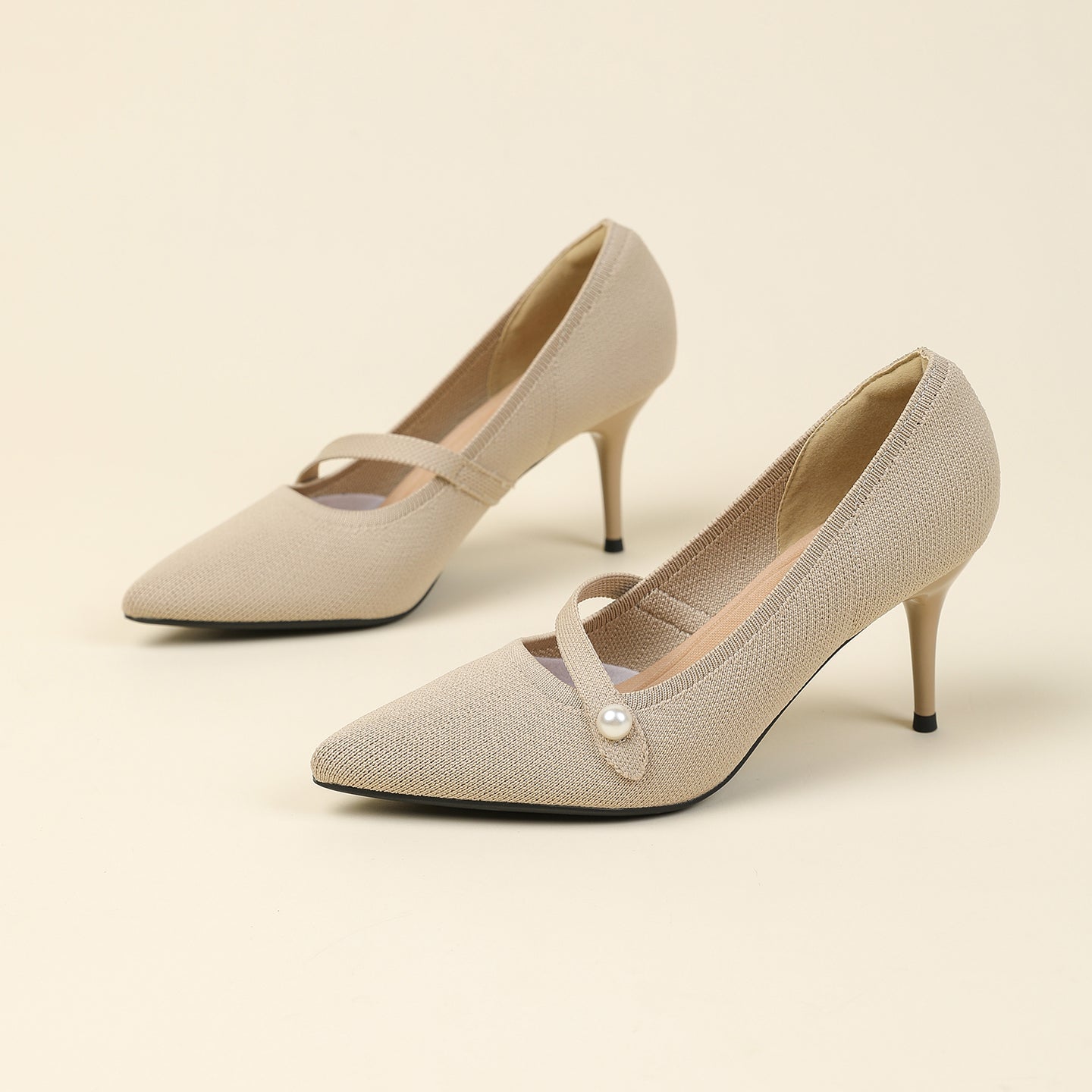 尖頭リボン付き斜めストラップパンプス 7cmヒール