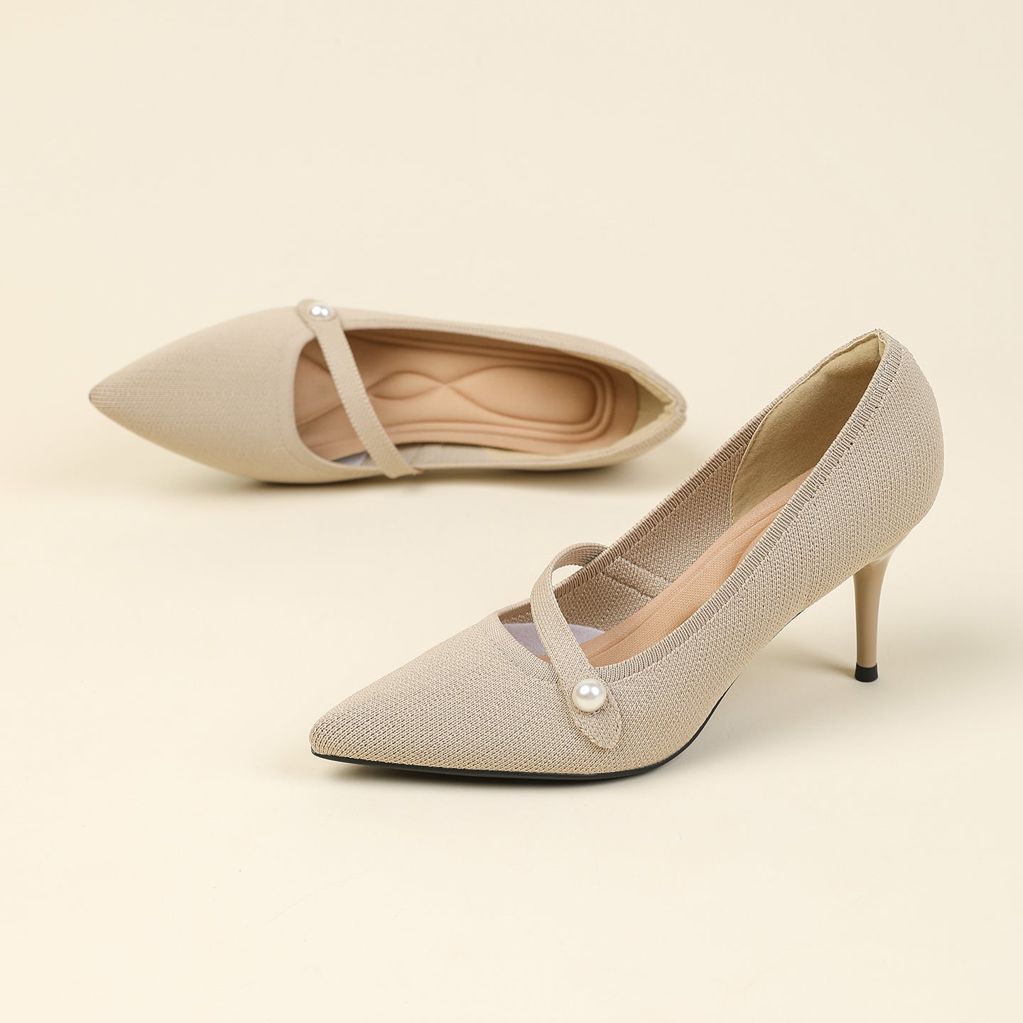 尖頭リボン付き斜めストラップパンプス 7cmヒール