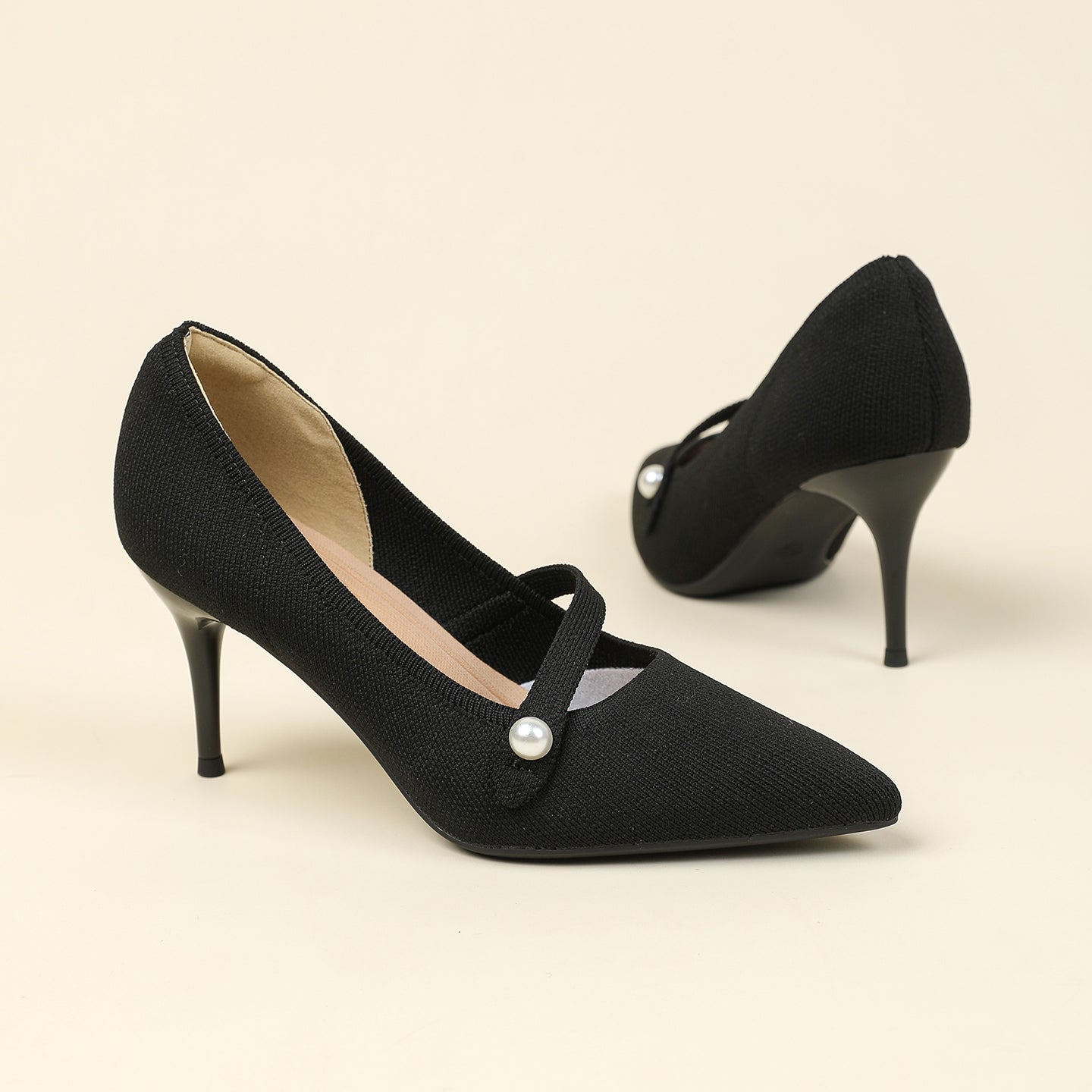 尖頭リボン付き斜めストラップパンプス 7cmヒール