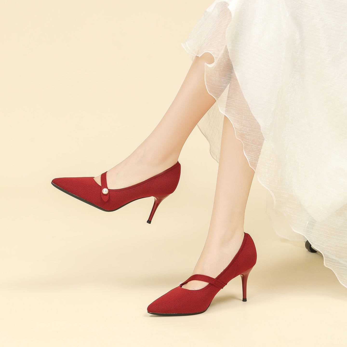 尖頭リボン付き斜めストラップパンプス 7cmヒール