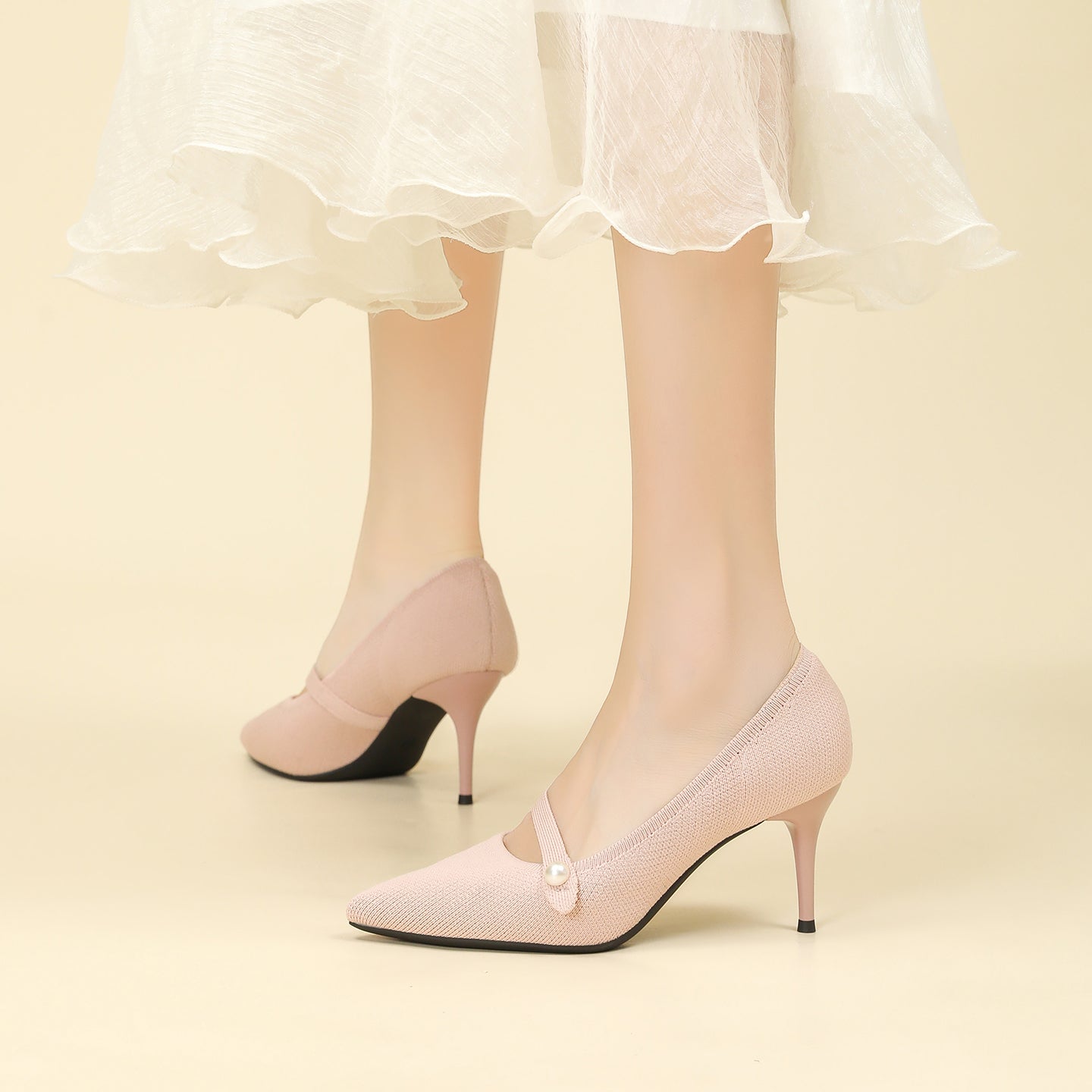 尖頭リボン付き斜めストラップパンプス 7cmヒール