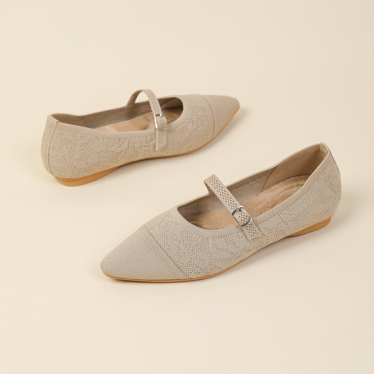 レトロニットフラットパンプス 尖頭浅口ワンストラップ