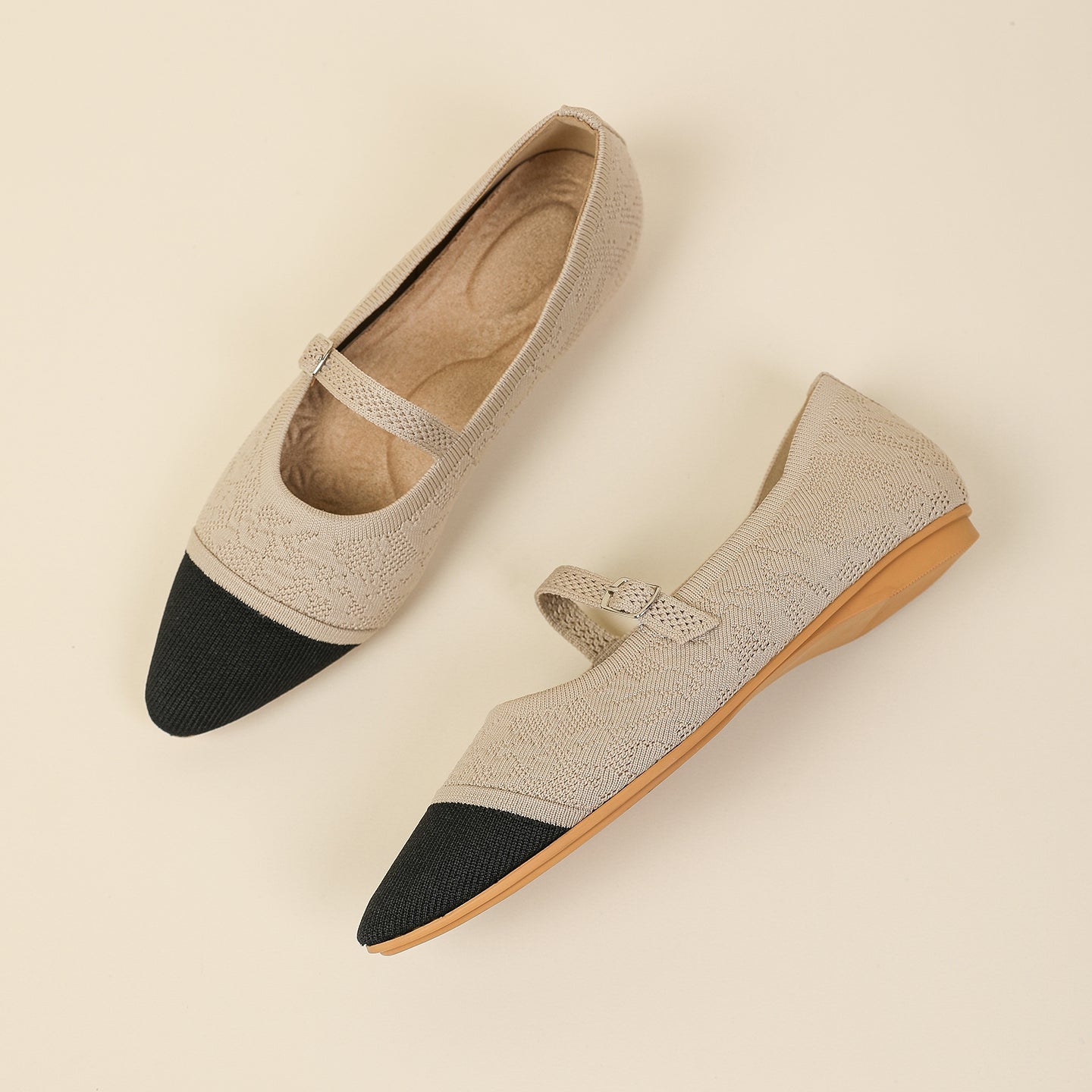 レトロニットフラットパンプス 尖頭浅口ワンストラップ