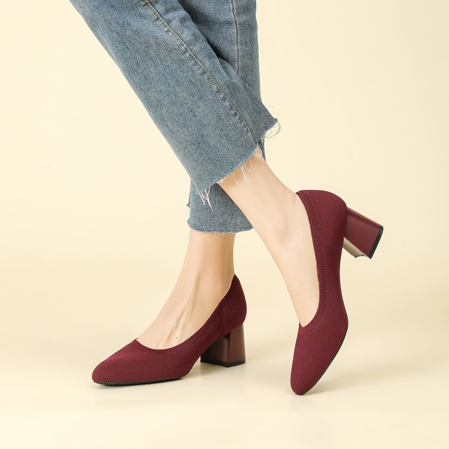 浅口ニットパンプス 5.5cmチャンキーヒール