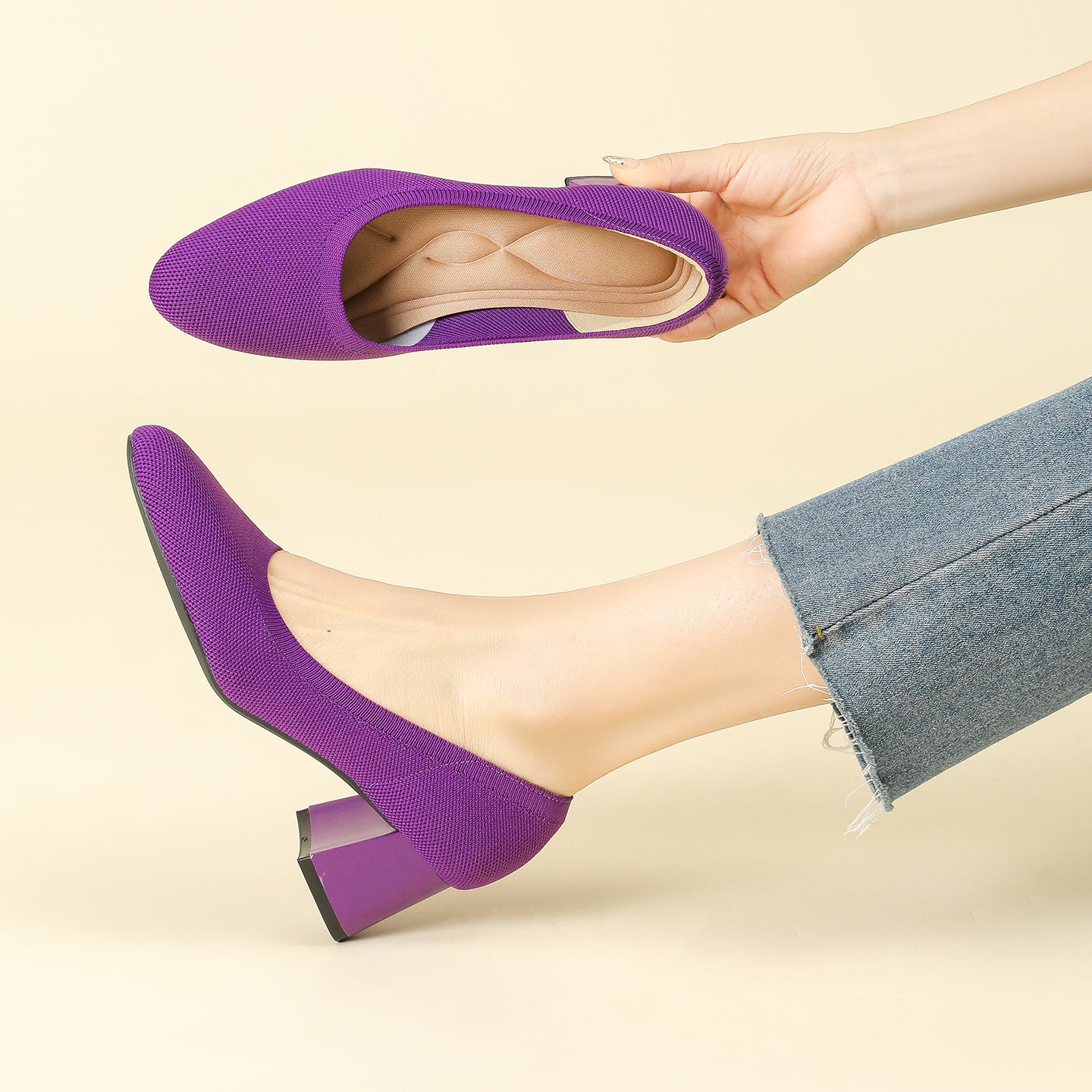 浅口ニットパンプス 5.5cmチャンキーヒール