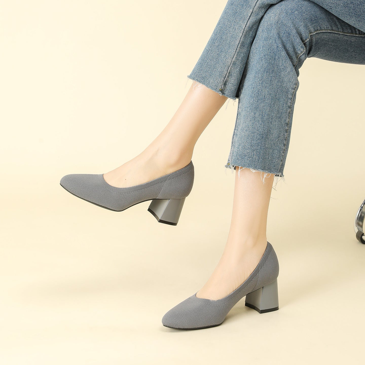 浅口ニットパンプス 5.5cmチャンキーヒール