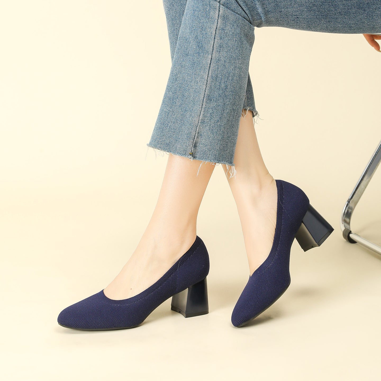 浅口ニットパンプス 5.5cmチャンキーヒール