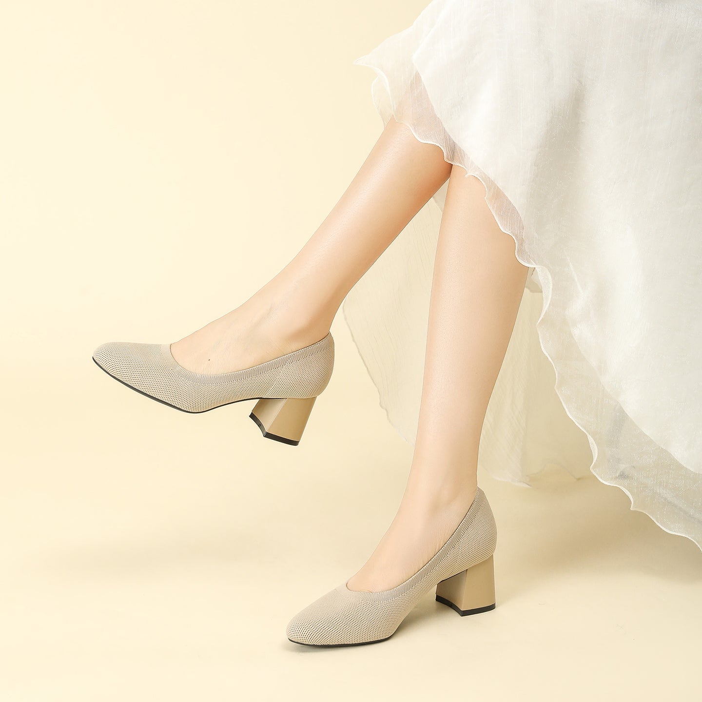 浅口ニットパンプス 5.5cmチャンキーヒール