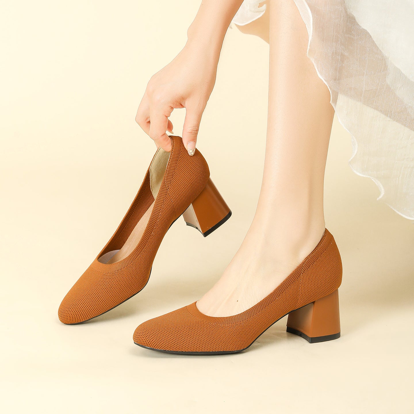 浅口ニットパンプス 5.5cmチャンキーヒール