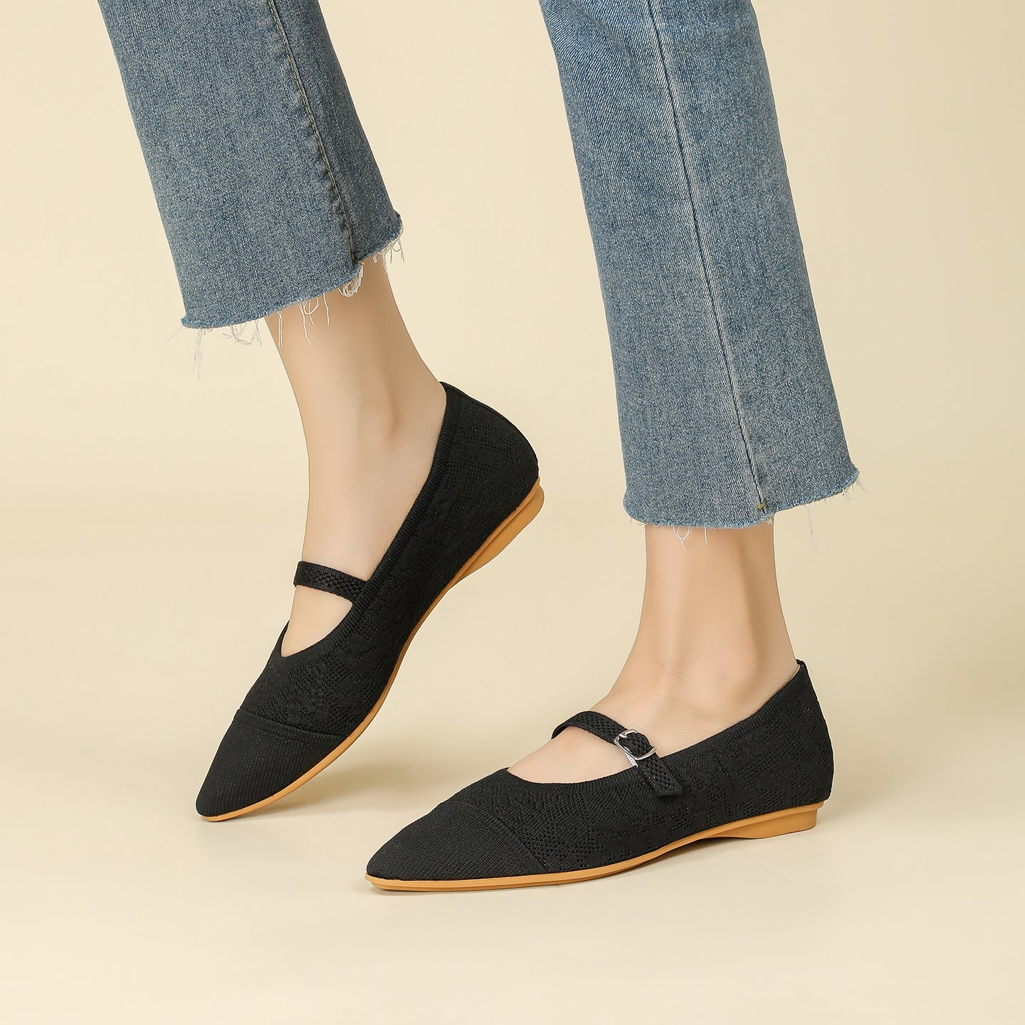 レトロニットフラットパンプス 尖頭浅口ワンストラップ