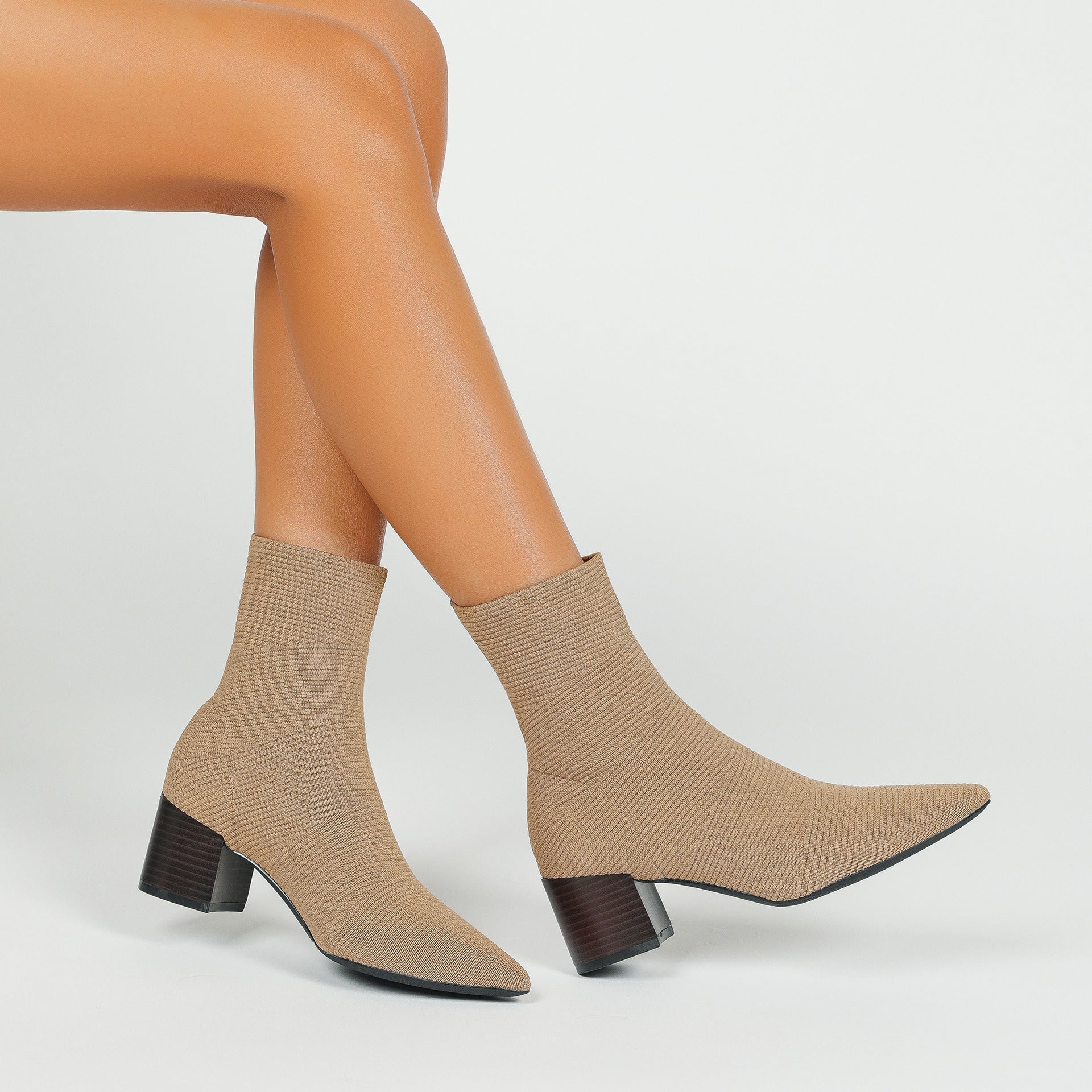 ポインテッドトゥ ニット 5.5cmチャンキーヒール ショートブーツ