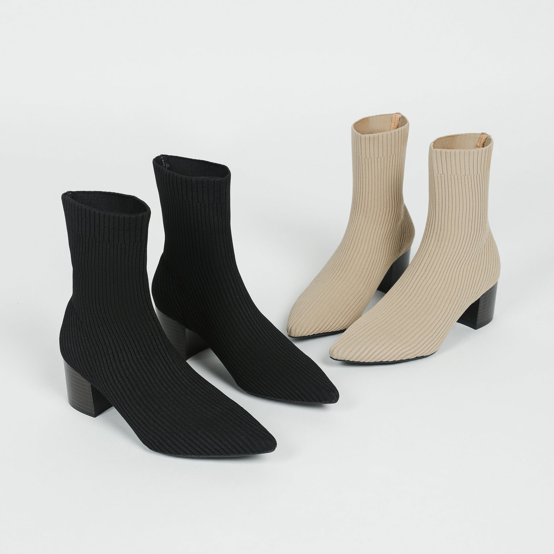 尖頭ニットソックスショートブーツ 5.5cmチャンキーヒール