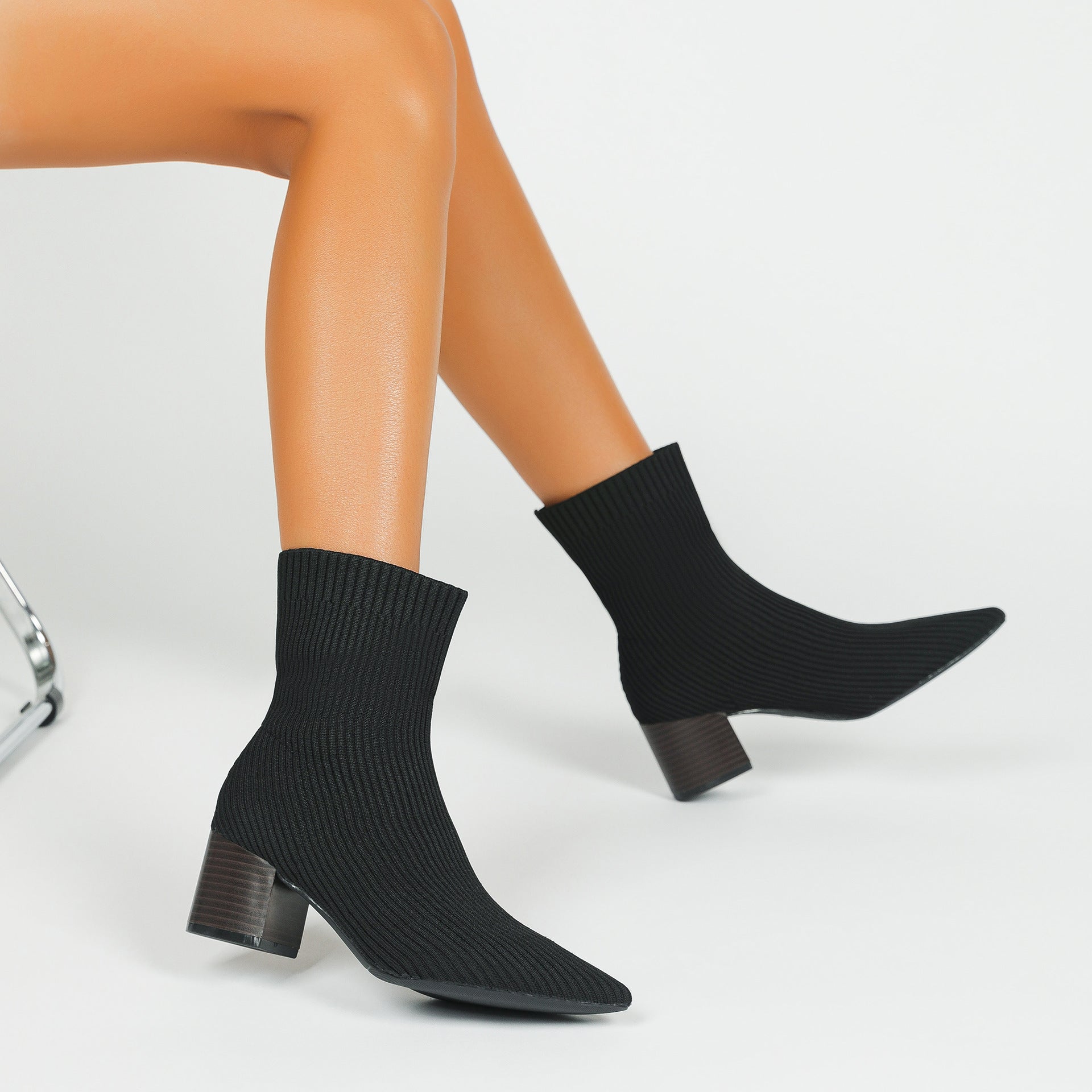 尖頭ニットソックスショートブーツ 5.5cmチャンキーヒール