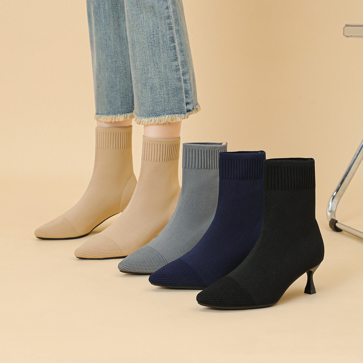 尖頭ニットピンヒールショートブーツ レディース