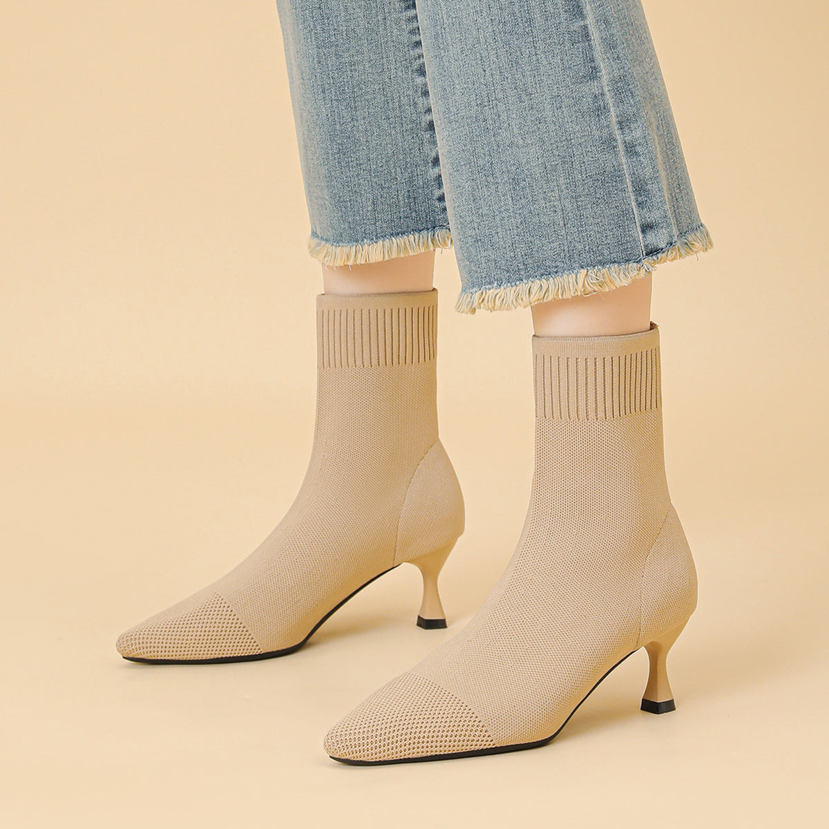 尖頭ニットピンヒールショートブーツ レディース