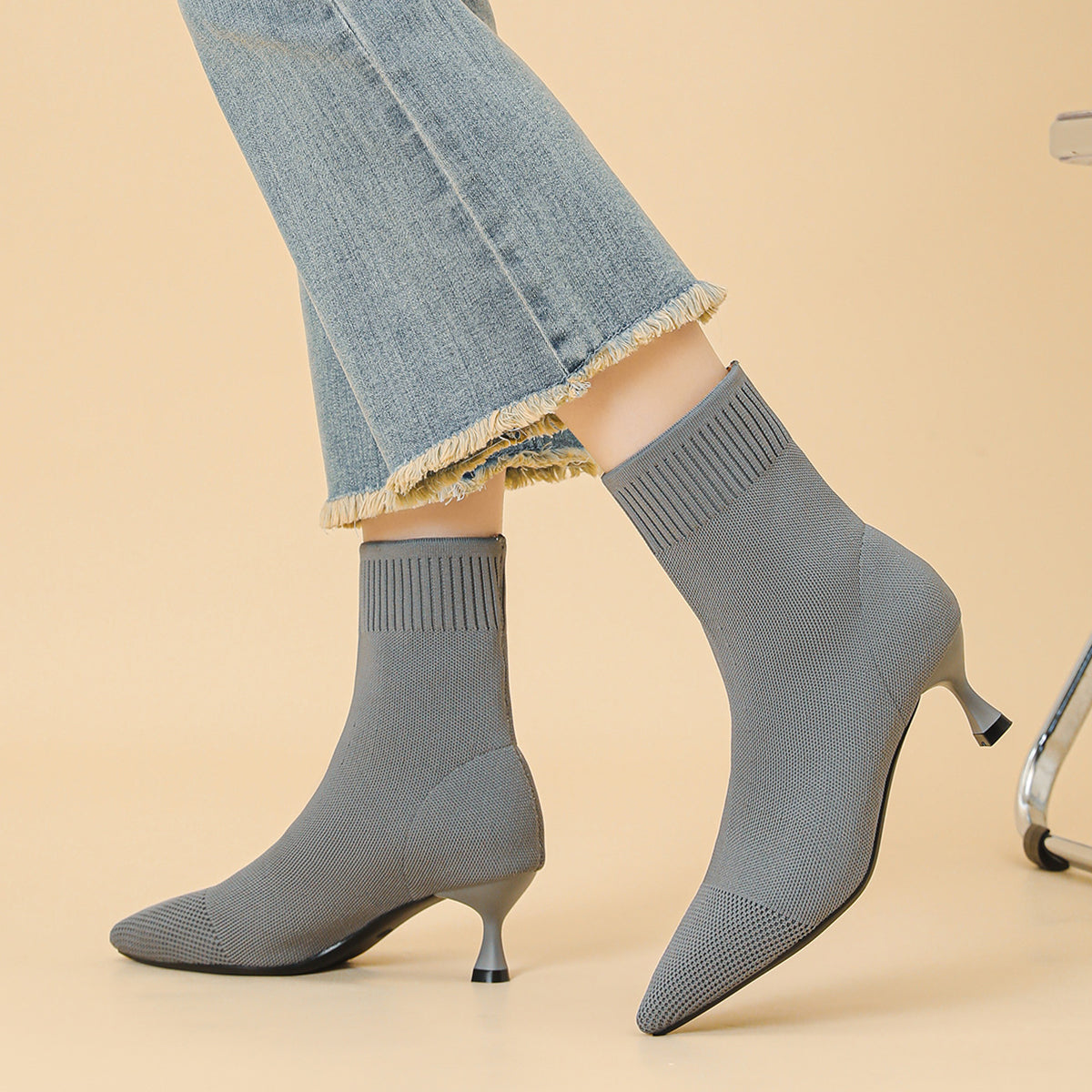 尖頭ニットピンヒールショートブーツ レディース