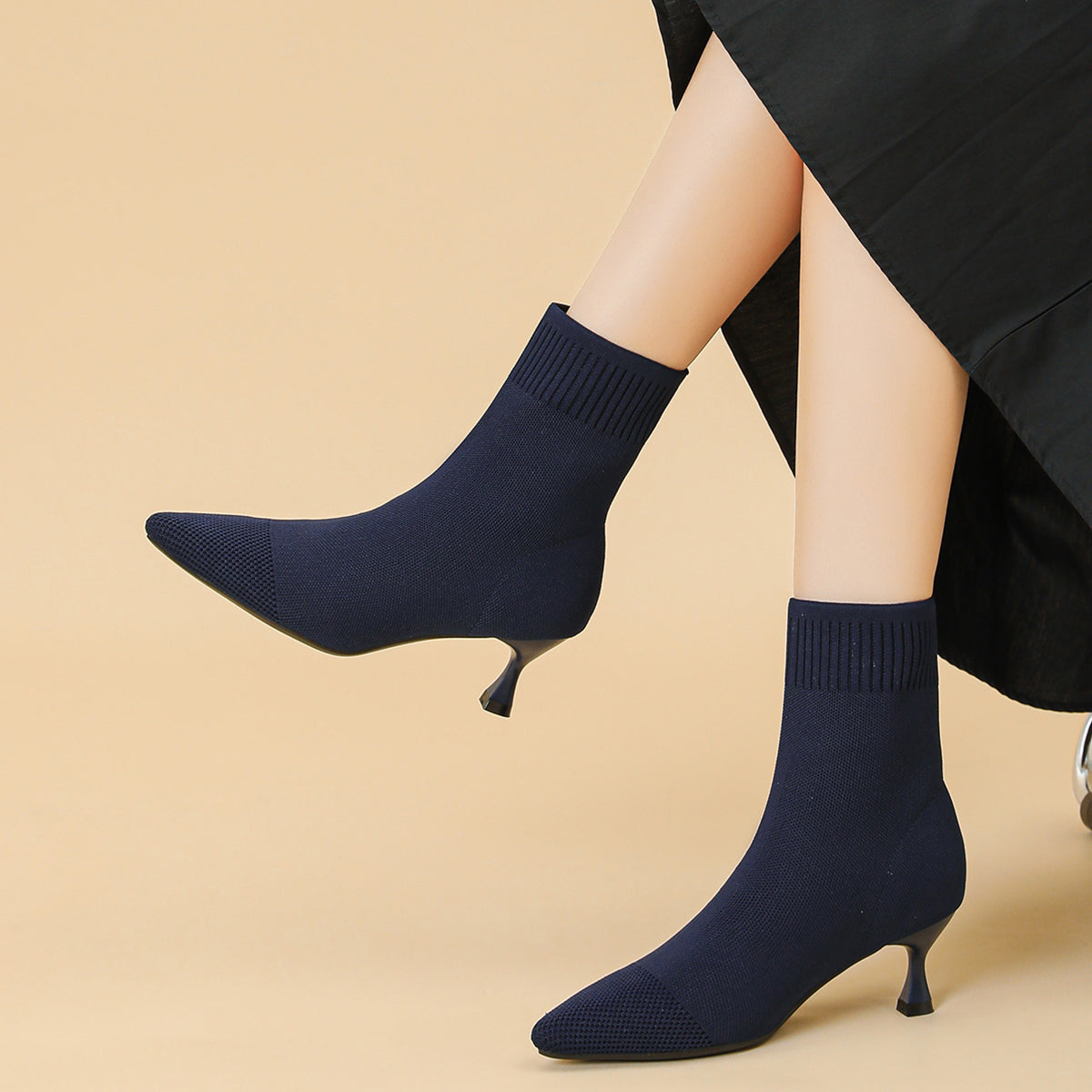 尖頭ニットピンヒールショートブーツ レディース