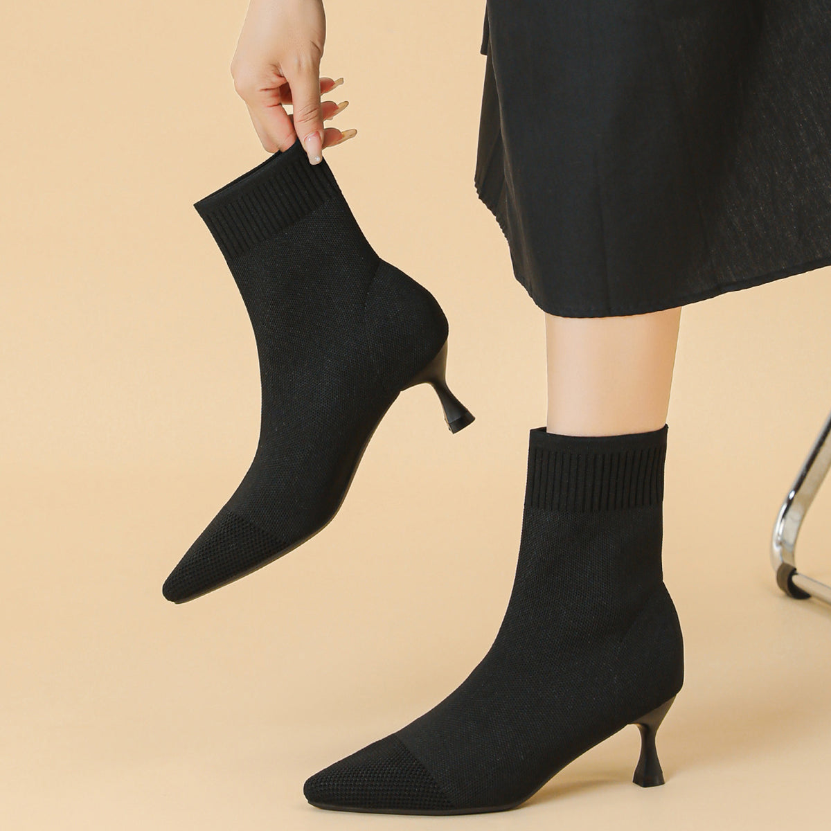 尖頭ニットピンヒールショートブーツ レディース