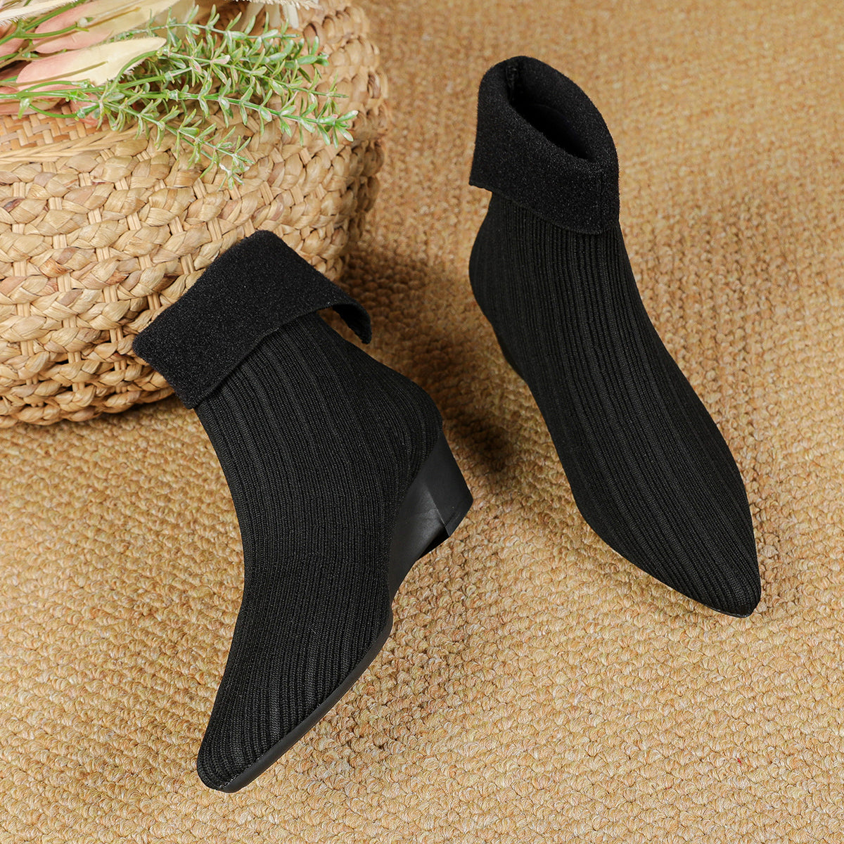 尖頭フレアカフススエード風ウェッジブーティ