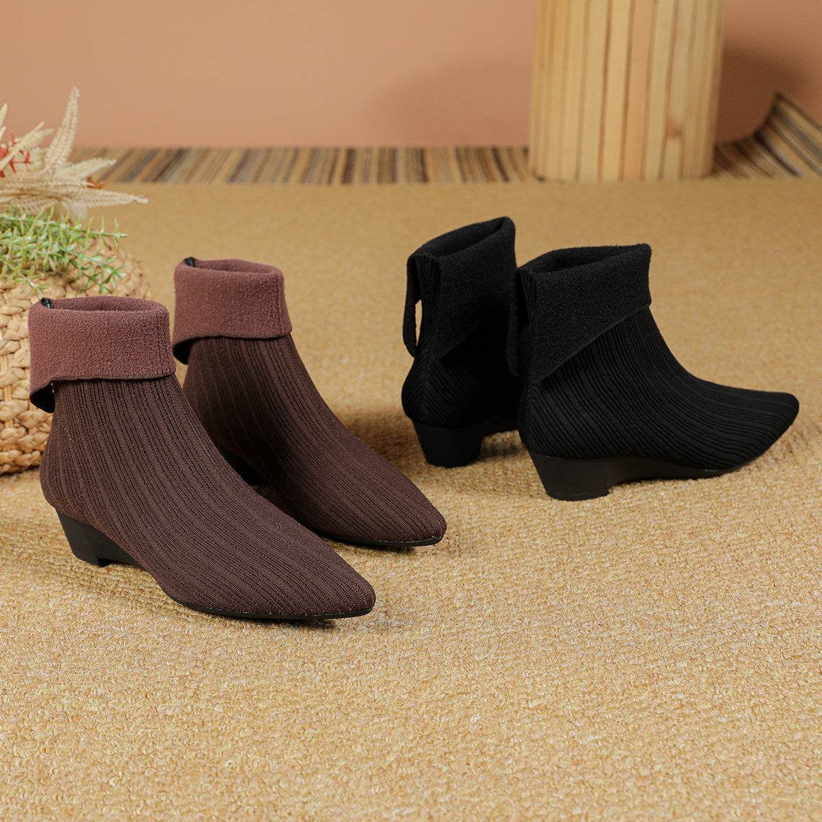 尖頭フレアカフススエード風ウェッジブーティ