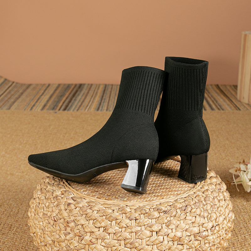 スクエアトゥ太ヒールニットソックスブーツ ショートブーツ