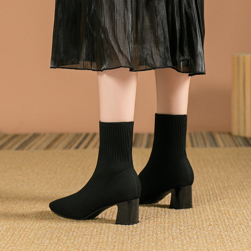 スクエアトゥ太ヒールニットソックスブーツ ショートブーツ
