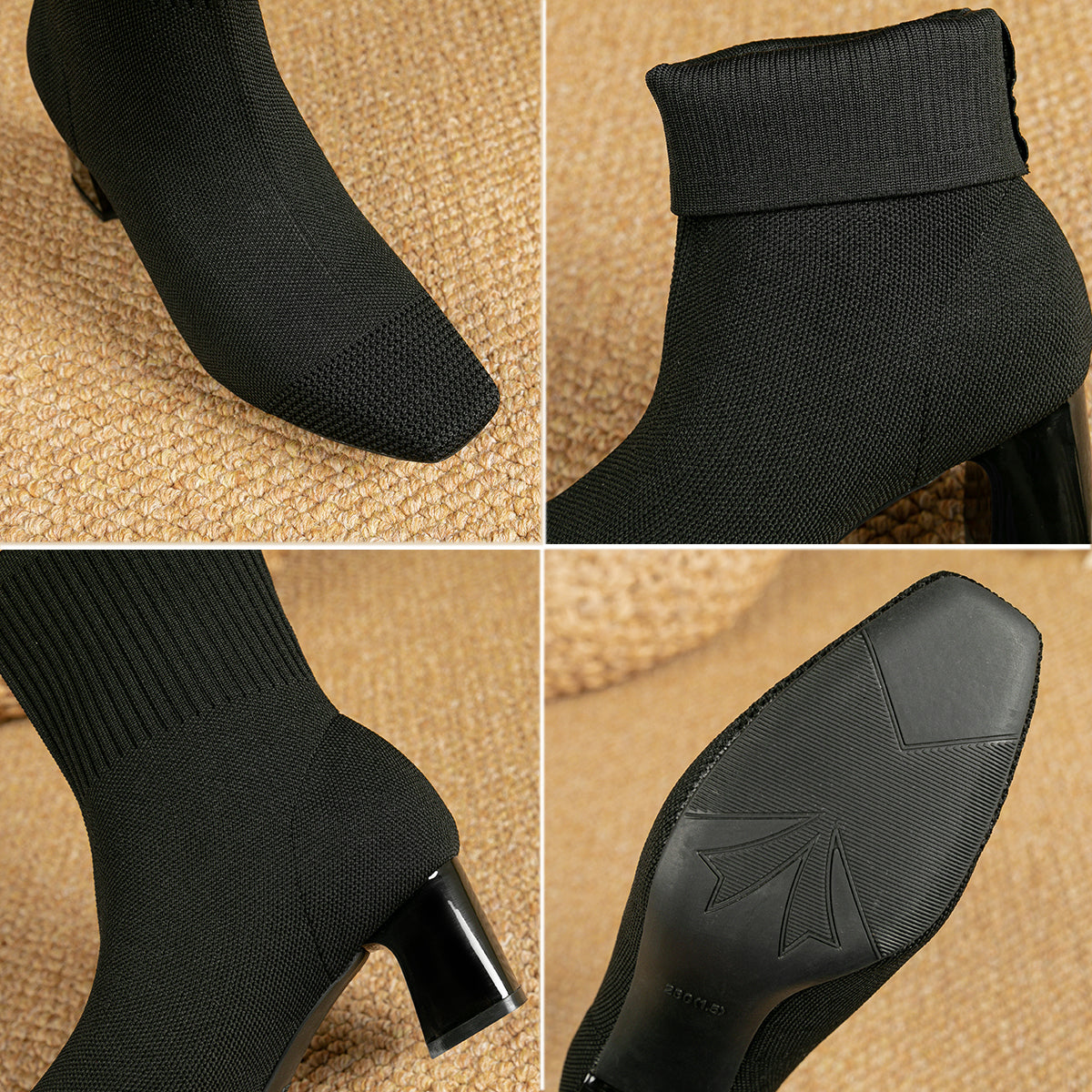 スクエアトゥ太ヒールニットソックスブーツ ショートブーツ